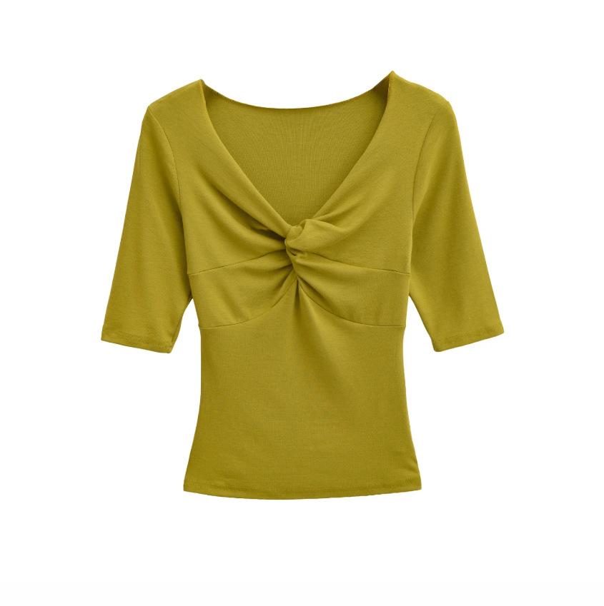 Kink V-neck Medium-sleeved T-shirt Women's Summer New American Spice Girl Style Solid Color Slim-fitting Slim Bottom Top