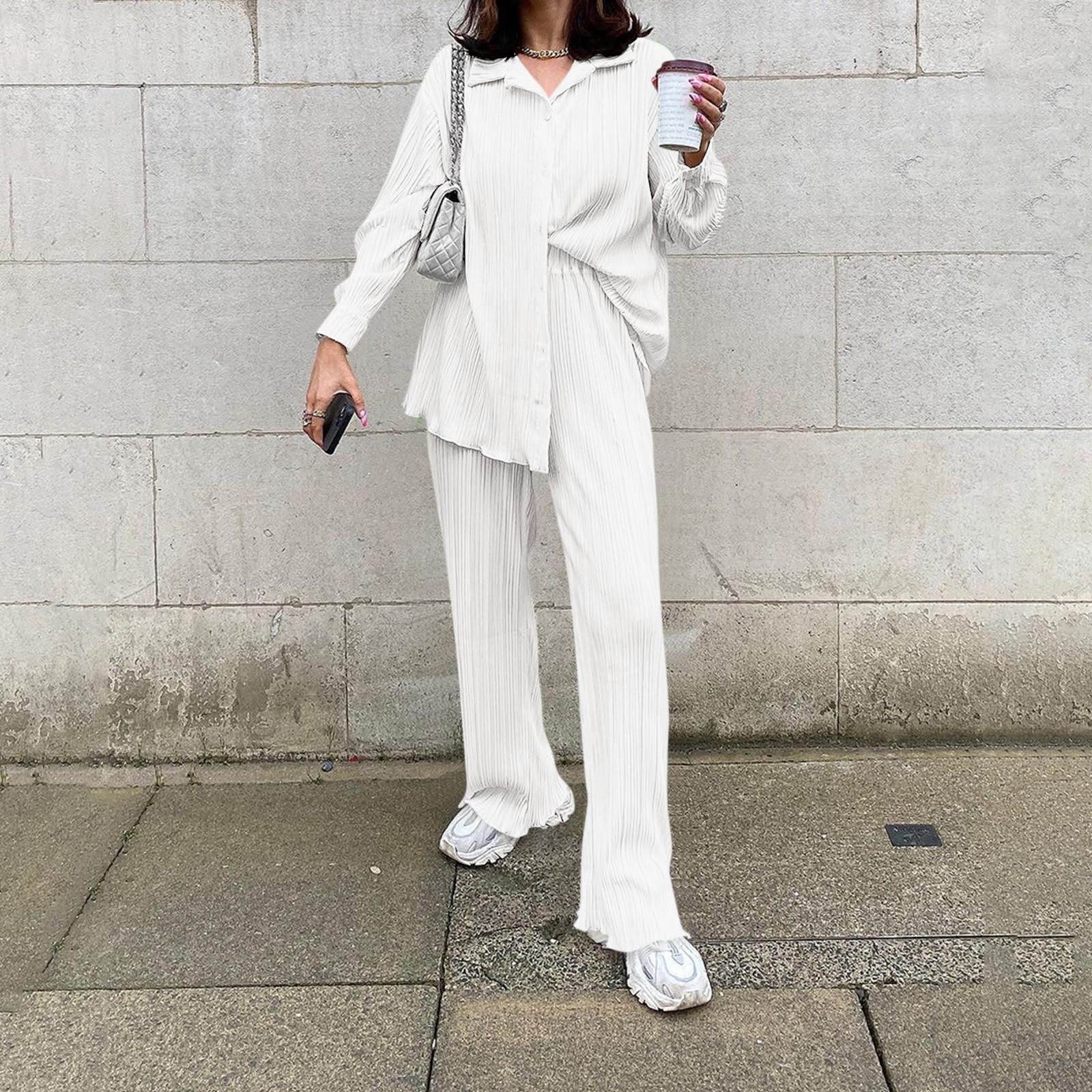 

Женская однотонная драпированная рубашка на пуговицах с длинными рукавами и высокой талией, длинные брюки, повседневный комплект XL белый