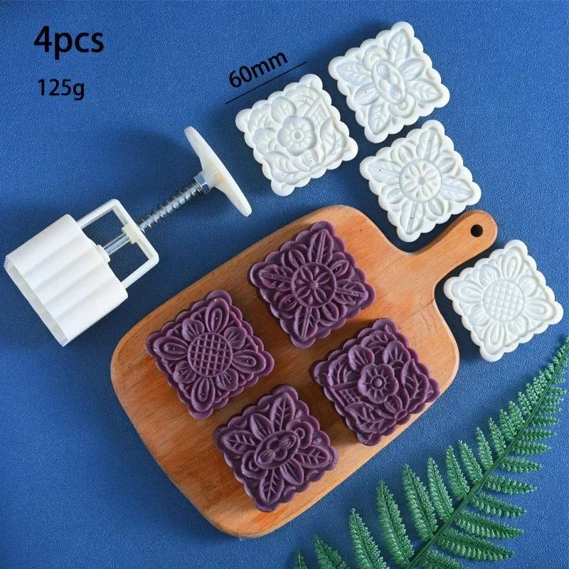 125g Kulatá forma na měsíční koláče ve tvaru květu Čtvercový vykrajovač sušenek Ruční lis Nástroje na pečení koláčů Forma na měsíční koláče z fondánu 4ks Geometrická razítka