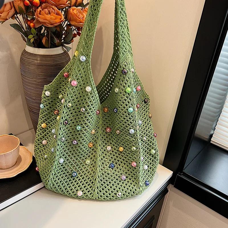 Bunte Perlen Boho Tasche Große Kapazität Stricktasche Ästhetisch Häkeln für Urlaub Strand