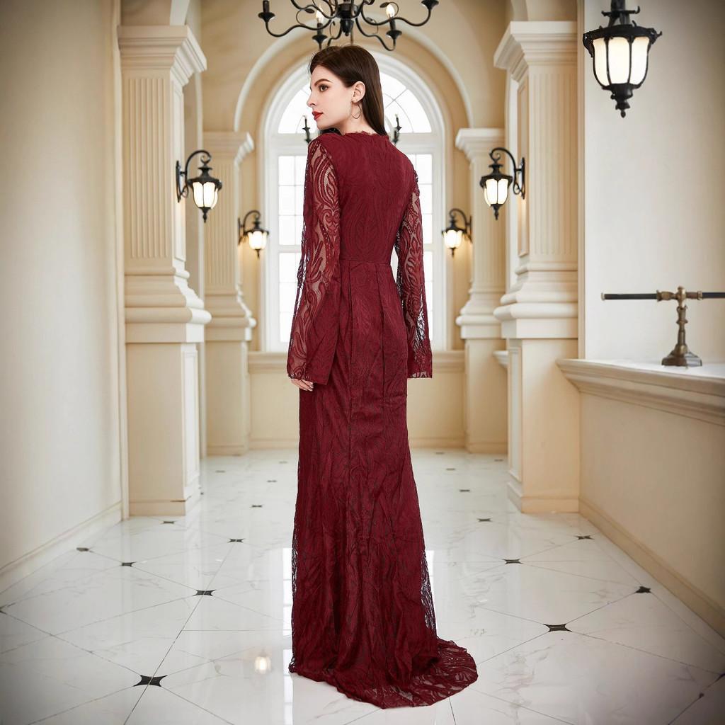 Lace Wedding Dress For Bridesmaids With Long Sleeves Vneck Fit For Autumn