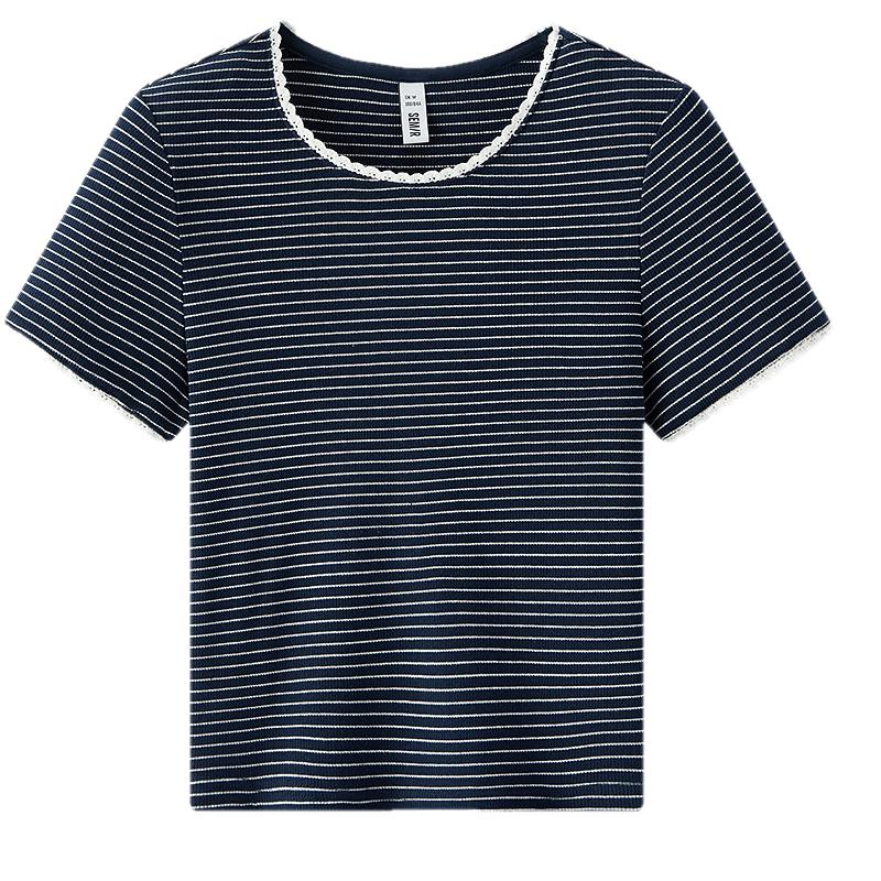 Semir Women s Striped Lace Trim Slim-Fit T-Shirt L