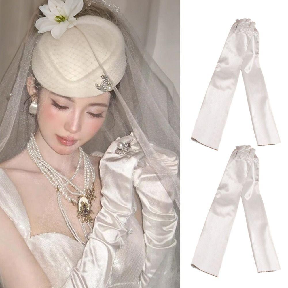 Handmade Bride Gloves Lace Trimmed Satin Gloves Ball Gloves Lace Gloves  Dinner Dresses