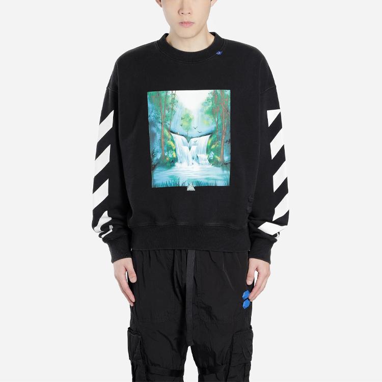 OFF WHITE Mikina s kulatým výstřihem a potiskem vodopádu OMBA035E19E300151088