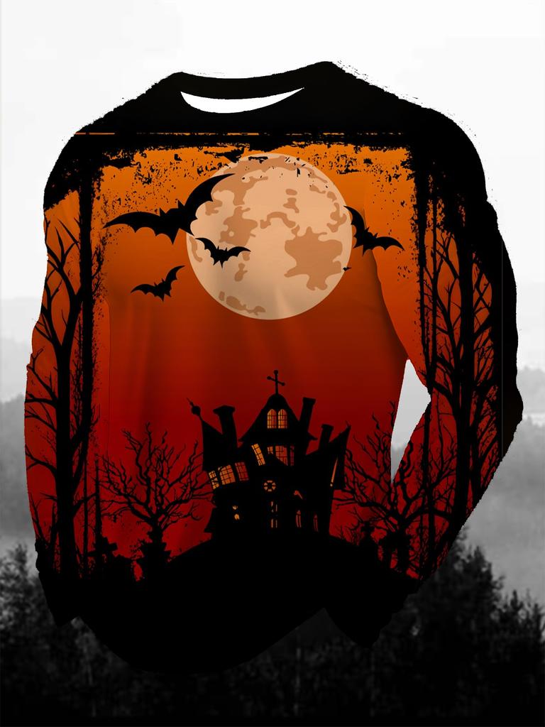Halloween Men's T-Shirts Purple Horror Pumpkin Ghosts Forest 3D Print Autumn Long Sleeve T-Shirt Casual Tops Y2k Mens Clothing