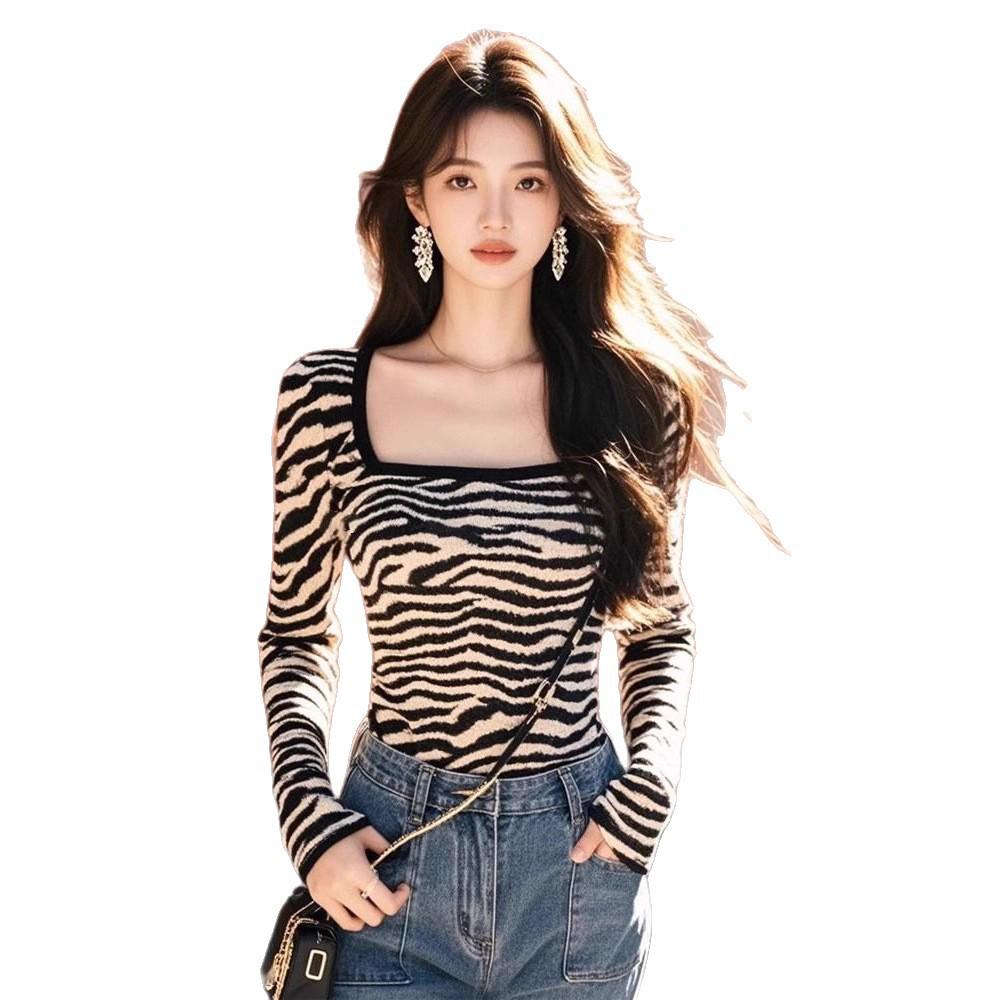 Plus Size Velvet Zebra Print Square Neck Long Sleeve Women's Top - Slimming & Flattering Spring/Autumn/Winter Base Layer