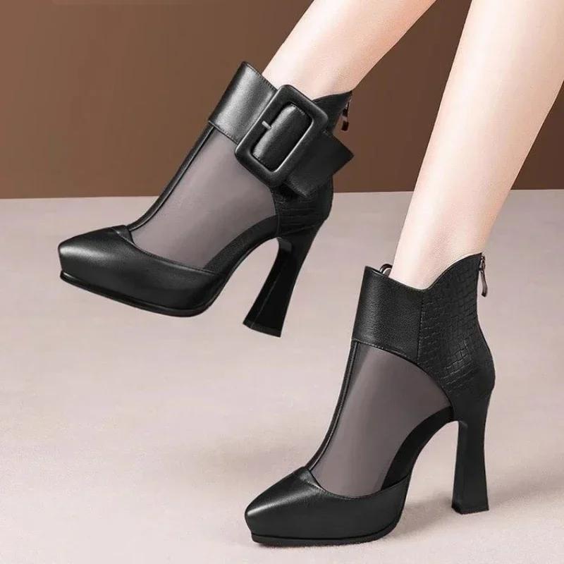 Fashion High Appearance Level Thick Sole Thick Heel Pointed Mesh Fabric Fashion All Comfortable Non-slip Breathable Women's Ankle Boots