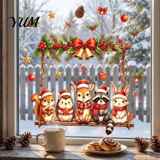 Festive Window Decorations Christmas Animals Decal, Static Cling Removable Sticker, Waterproof PVC Cute Winter Party Ornaments Deer Bunny on