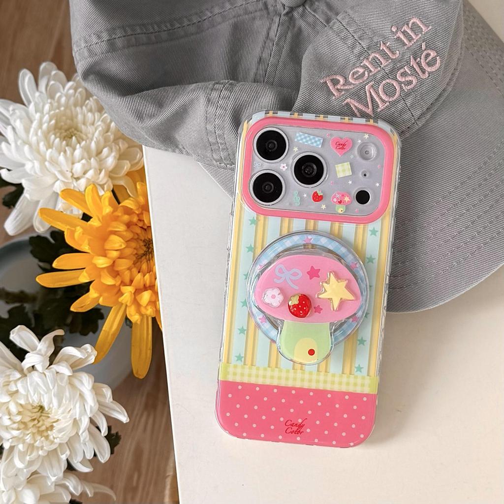 Ins-Style Colorful Stripe Mushroom Magnetic Case for iPhone 17 Pro Max, Apple Models 14-16, Girls