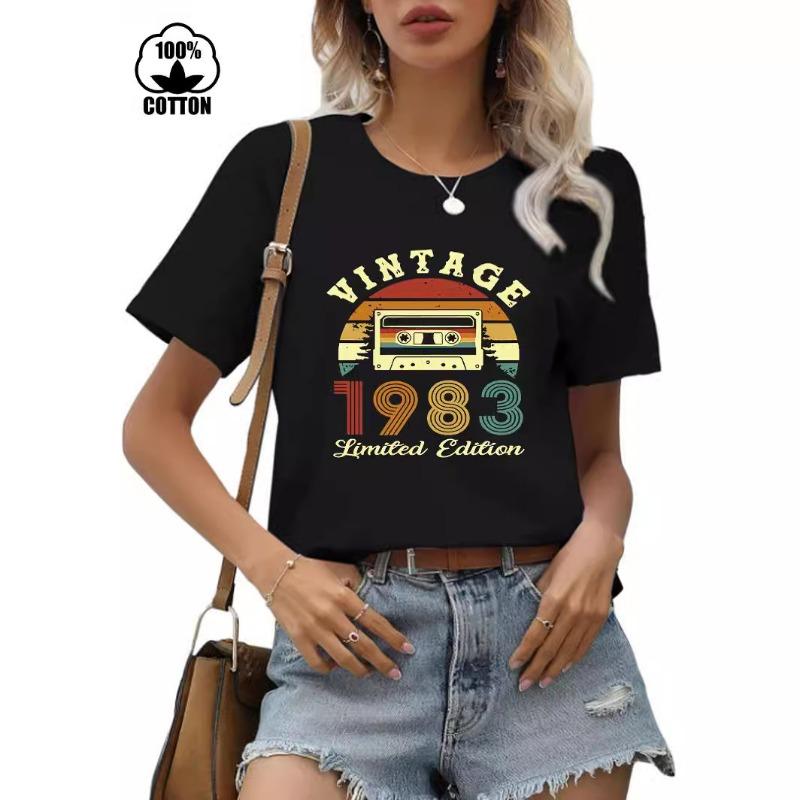 Cotton Short Sleeved Round Neck Printed T-shirt Women