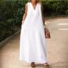 Summer New Style Deep V Neck Sleeveless Long Sleeve Plus Size White Cotton Linen Dress