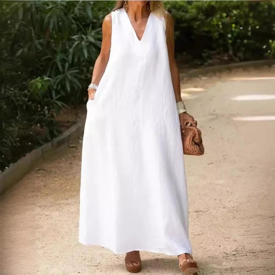 Summer New Style Deep V Neck Sleeveless Long Sleeve Plus Size White Cotton Linen Dress