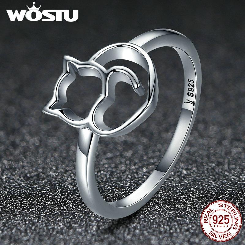 WOSTU New Arrival 100% 925 Sterling Silver Lovely Cat Rings For Women Brand Original Fine S925 Jewelry CQR104