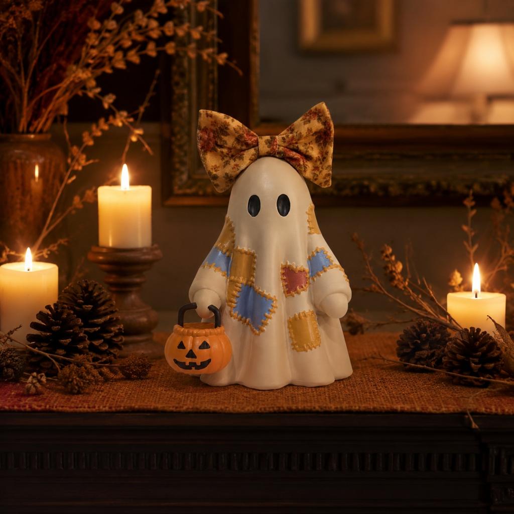 Resin Figure Halloween Decor - Tie Holding Pumpkin Statue for Desktop Shelf Decoration