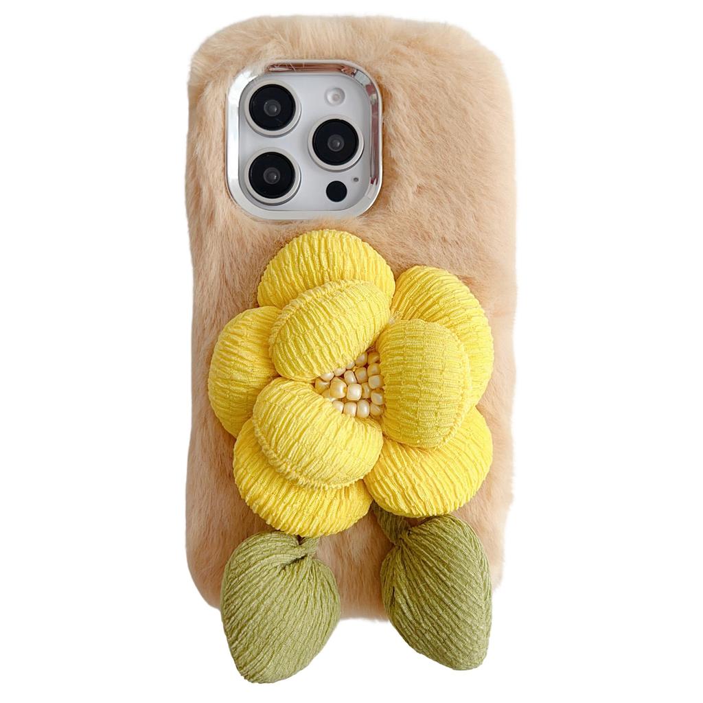 For iPhone 16 Pro Plush Phone Case 3D Flower Decor Fluffy TPU Back Cover