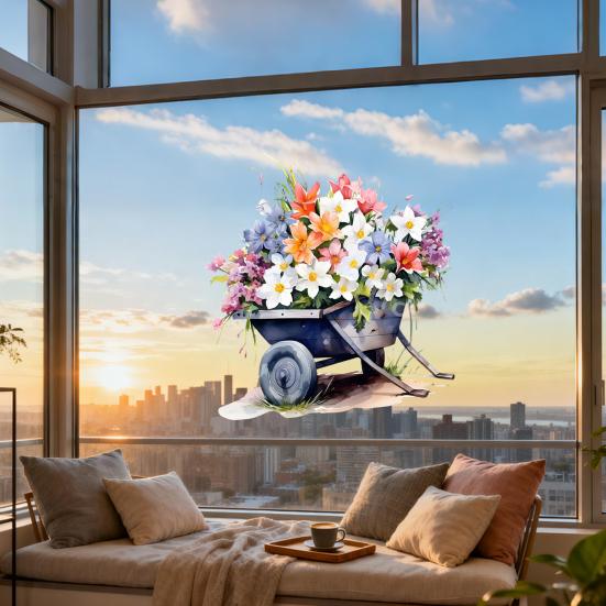 Einkaufswagen Blumen Fensteraufkleber Nicht haftender Fenstersticker Wasserdicht Statisch haftend Abnehmbarer Aufkleber für Wände Türen Fenster Badezimmer Schlafzimmer Heimdekoration