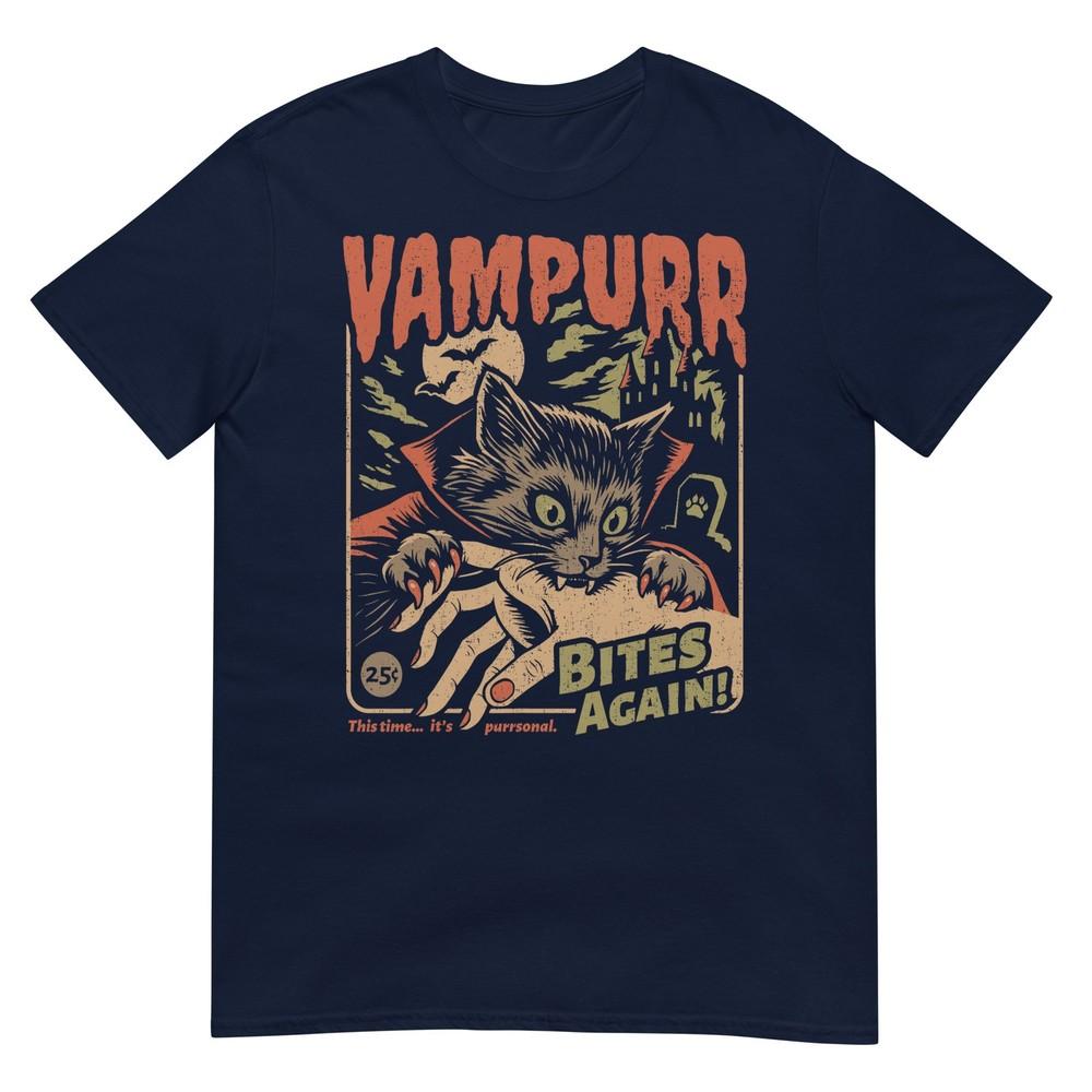 Vampurr Bites Again Funny Cat Halloween Vintage Graphic TShirt S