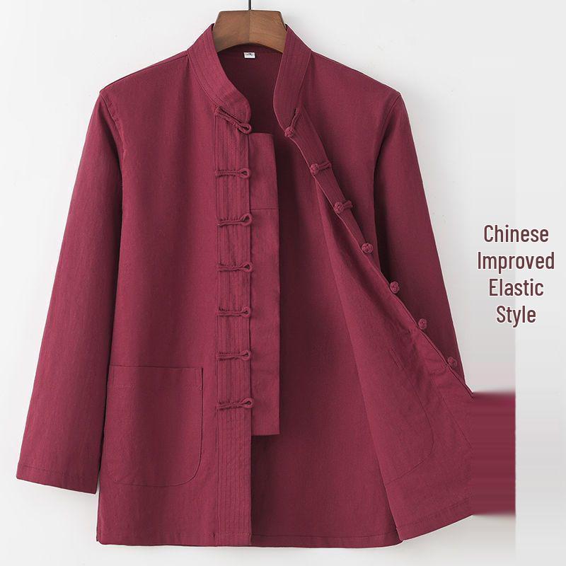 Men's Retro Tang Suit: Stretch Cotton Shirt with Stand Collar & Frog Button