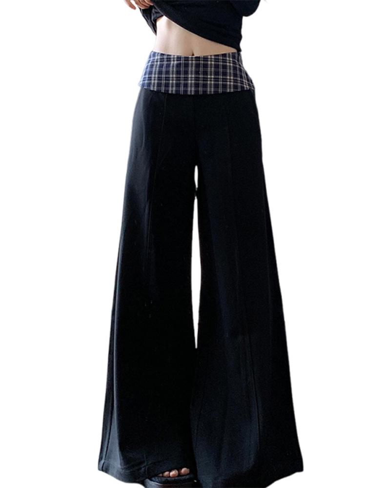 Women's High-Waisted Black Plaid Wide-Leg Patchwork Pants - Autumn 2025 Collection
