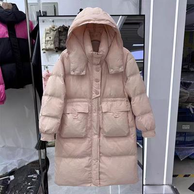 Down Jacket Women's Medium and Long Annual White Duck Down Fashion Loose Thickened Hooded Waist Thin Coat Tide