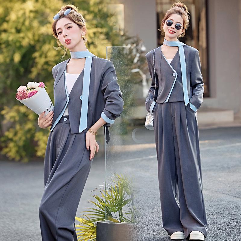 Stylish Spring 2025 Women's Patchwork V-neck Jacket & Wide-leg Pants Two-piece Set