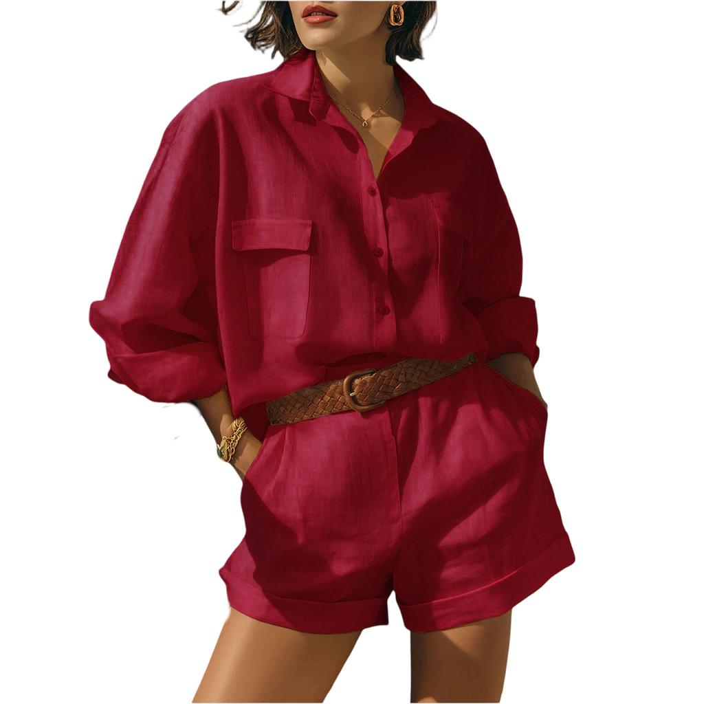 Ladies' Casual And Fashionable Cotton And Linen Loose Breasted Shirt And Shorts Set