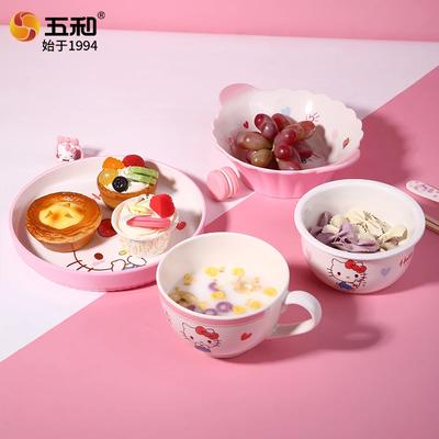 For Sanrio Hello Kitty Tableware Breakfast Rice Bowl Safe and Heat-Resistant Plate Cup Spoon Melamine Tableware for Cutlery Bowl