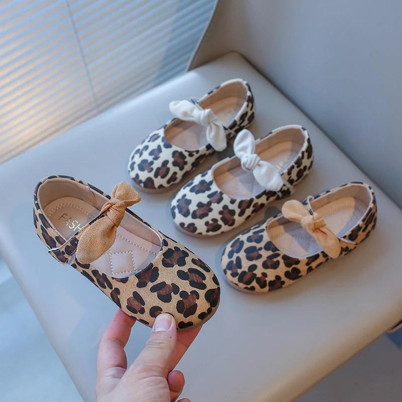 Girls Mary Janes Leopard Prints Style Fashion Princess Kids Leather Shoes with Bow-knot Sweet Chic 2025 Spring Autumn Brand New