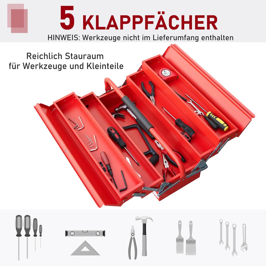 Hinged Steel Tool Chest with 5 Compartments, 56x20x41 cm, Red