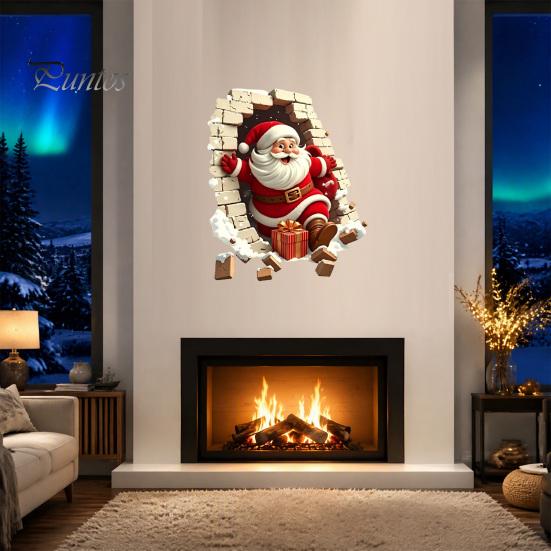 Santa Claus Decoration Decal Broken Wall Sticker, Christmas Decal, Seasonal Decorations Removable Mural for Living Room Bedroom Holiday Party