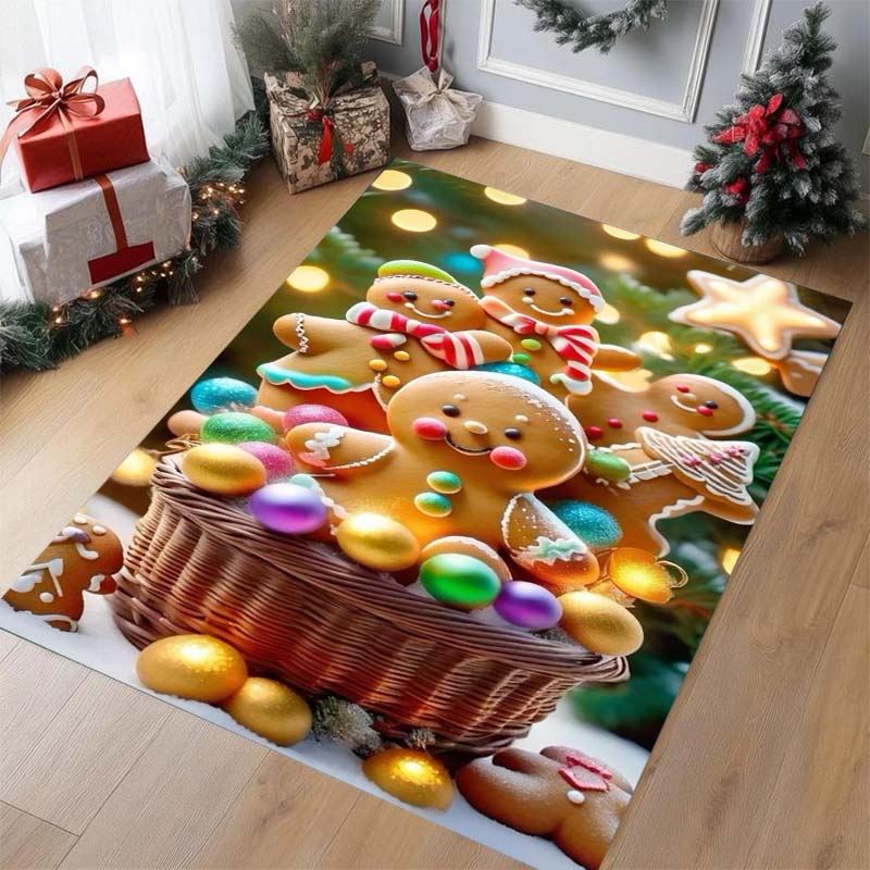 Christmas Gingerbread Man Print Rug – Festive Living Room Decor Mat & Non-Slip, Durable Bedside Floor Mat