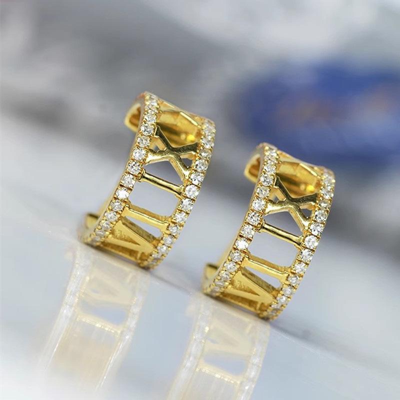 Micro-Inlaid Zircon Earrings, Roman Numerals Design, Fashion Temperament French Matching Jewelry