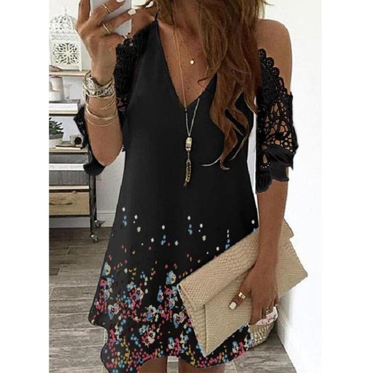 

Off Shoulder Floral Print Midi Dress V Neck Lace Half Sleeves Women Casual Party Dress Plus Size 5XL чорний