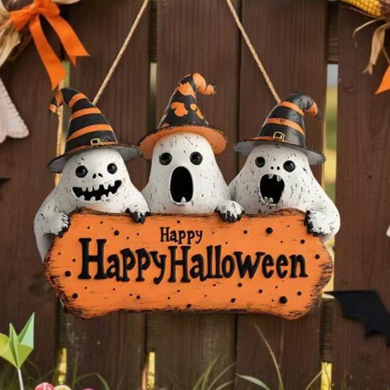 Halloween Gnome Door Sign Wooden Boo Gnome Hanging Sign Rustic Happy Halloween Ghost Sign for Farmhouse Front Door Porch Wall Decoration