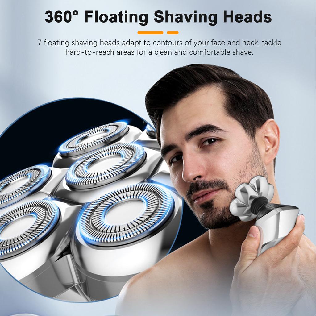 Electric Bald Shaver for Men 7 Floating Heads Beard Razor Hair Clipper Facial Cleaner Massager Nose