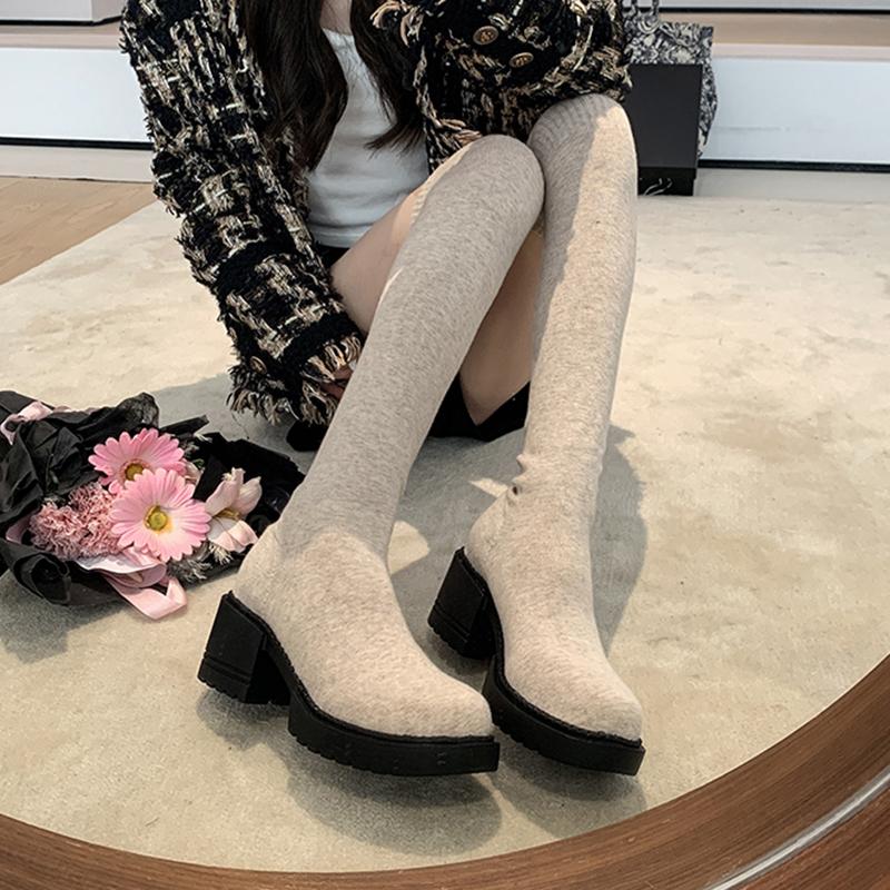 Stivali Lunghi A Tubo Elasticizzati Donna Taglie Forti 35-42 Tacco Spesso Stivali Lunghi Donna Comodi Senza Lacci Slim Alti Botas Mujer