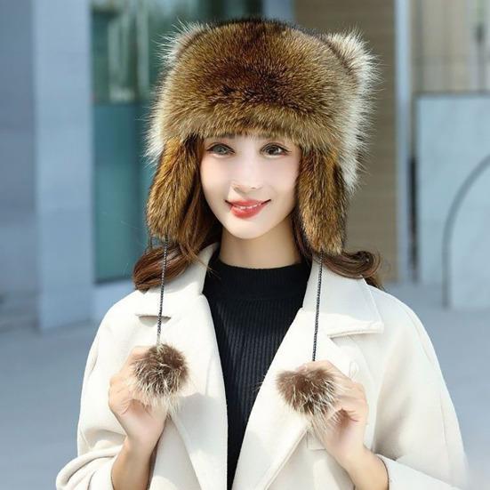 Raccoon Plush Hat with Ears Tail Design Windproof Thickened Winter Warm Plush Ear Protection Hat for Kid Adult