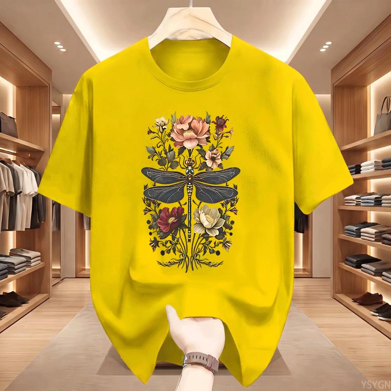 Vintage Summer Dragonfly TShirt Unisex Boho Floral Cottagecore Botanical Print T Shirts Casual Round Neck Cotton Short Sleeve Tops