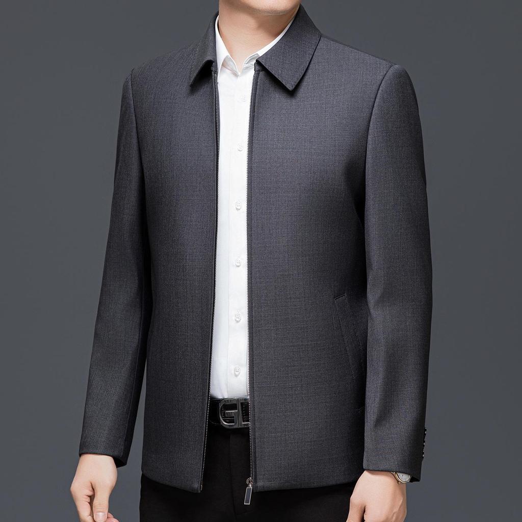 Men's Wool Lapel Jacket - Spring/Autumn Business Casual, Middle-Aged Loose Fit, Iron-Free Overcoat