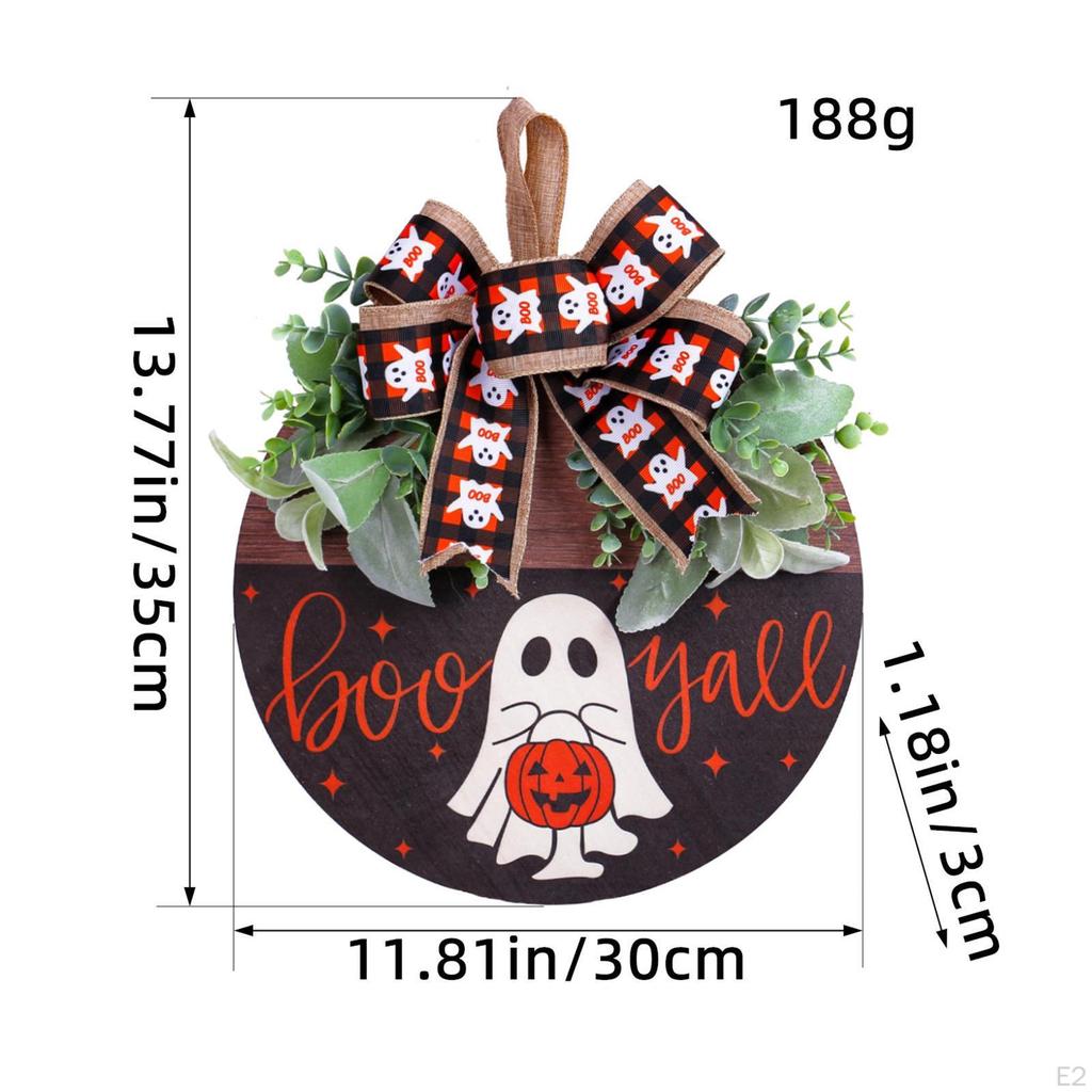 Halloween Wooden Hanging Sign Boo Ghost Door Hanger with Bow Decorative Front
