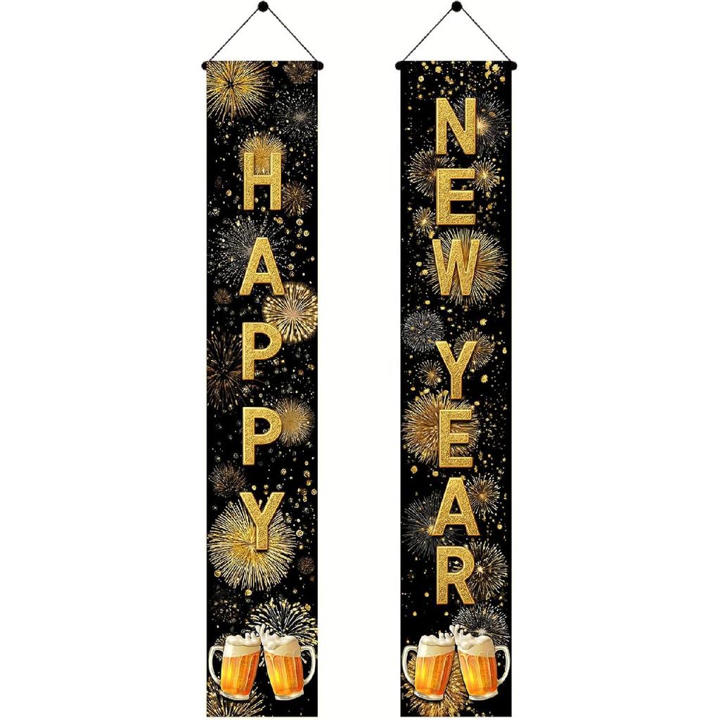 New Year Banners for Outside 12x71 Inches Happy New Year Porch Decorations Gold Letter Door Hanging Signs Party Porch Decor for Indoor Outdoor
