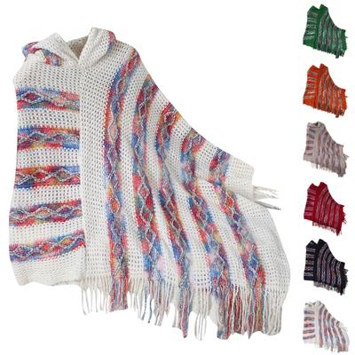 Women's Fashion Colorful Striped Hooded Knitted Fringe Cape Shawl Women's Loose Pullover Sweater