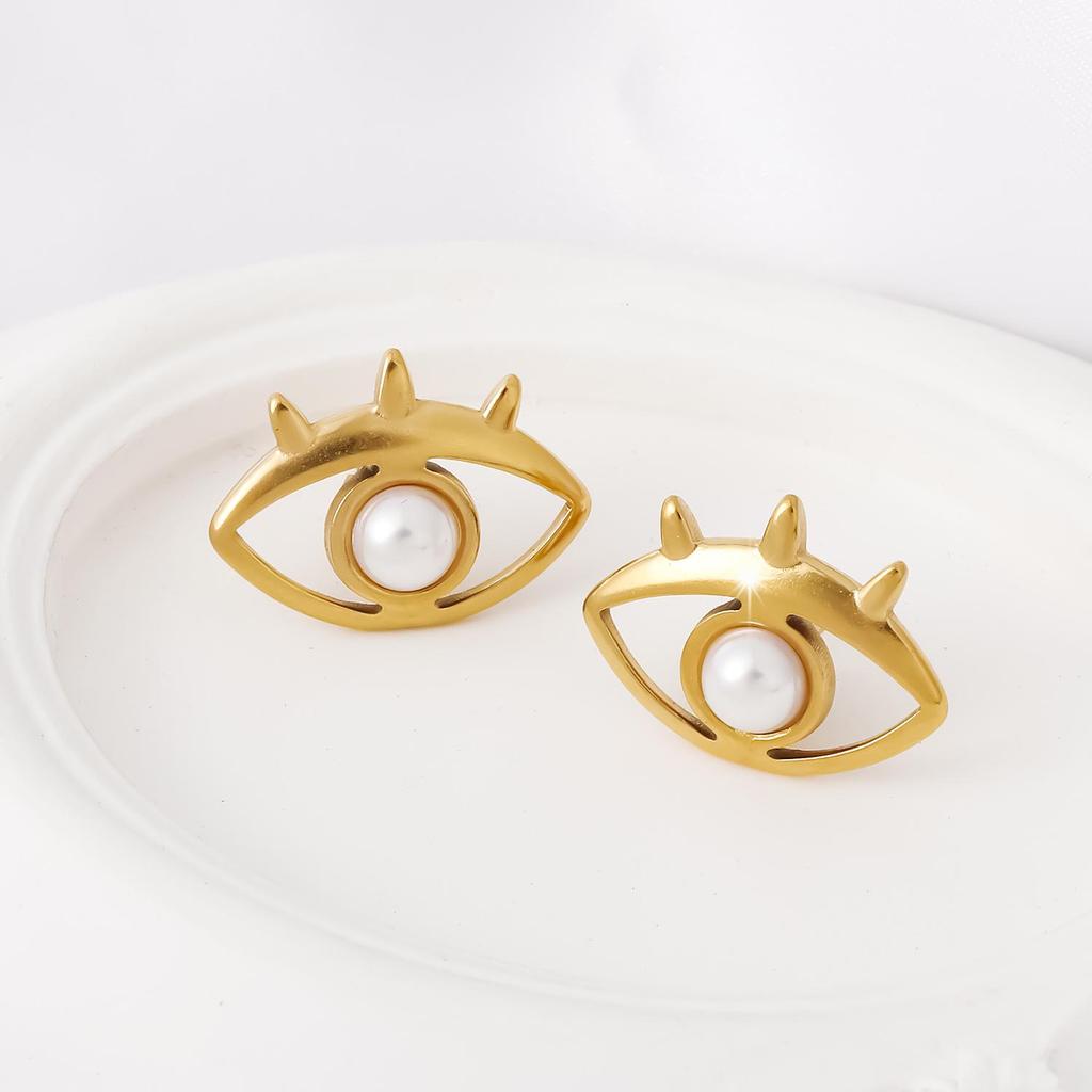 Cross-Border Oval Pearl Stud Earrings with Devil's Eye Design
