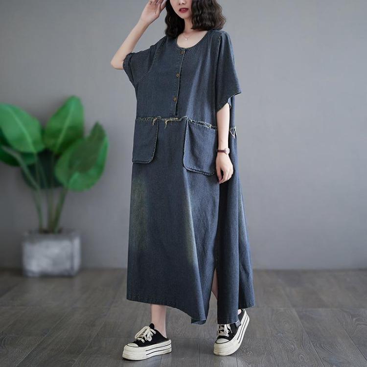

Spring Plus Size Women Denim Dress Vintage Cotton Loose Oversized Casual Long Sleeve Dress with Pockets M синий