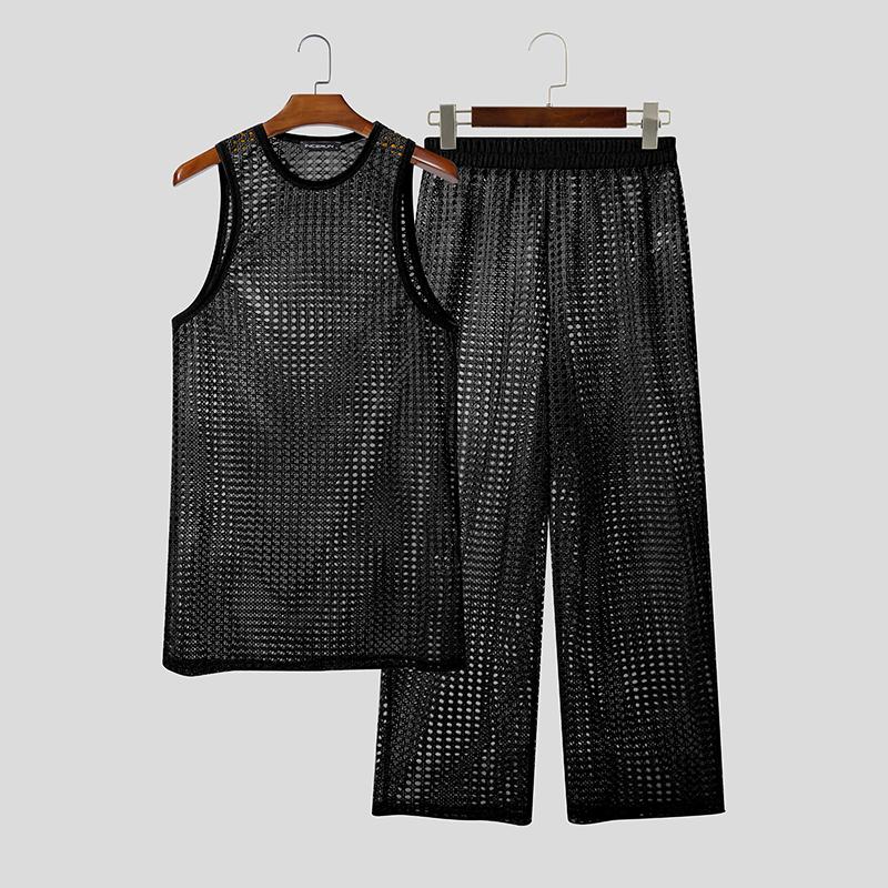 INCERUN Summer Men Beach Sets Sleeveless Hollow Tops Elastic Waist Pants Two-piece Suits L