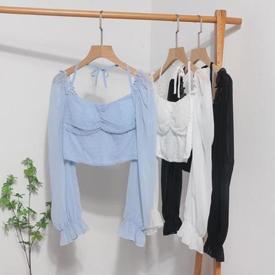 Square Neck Clavicle Top: 2023 Spring Lantern Sleeve Tie-Up Halter Blouse 8876