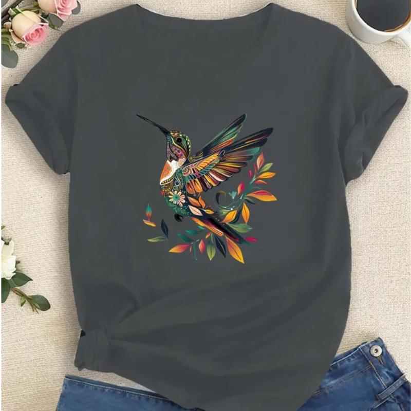Mode Frauen Retro Kontrast Kolibri Print T Shirt Lustige Casual Oansatz Kurzen Ärmeln T-shirt Sommer Weibliche T-Shirt