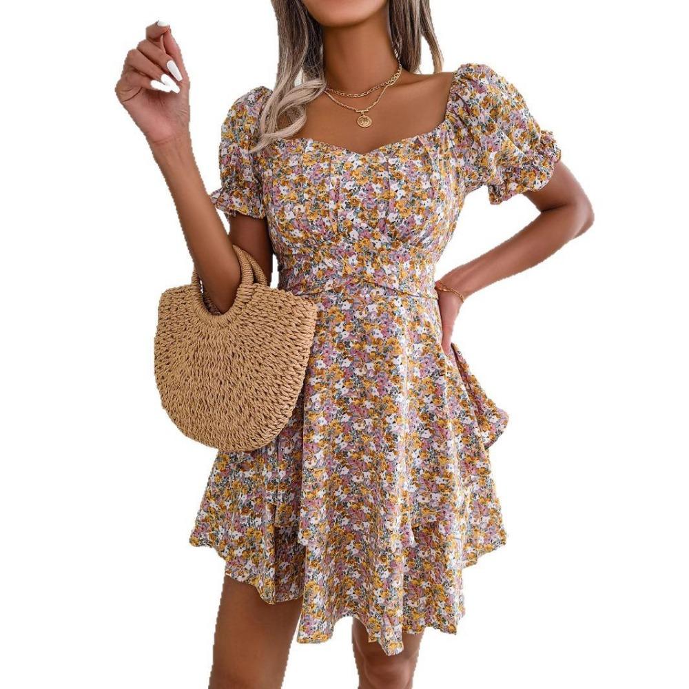 

Spring and Summer Temperament Women s Floral Skirt Tie Waist Large Swing Dresses XL жовтий