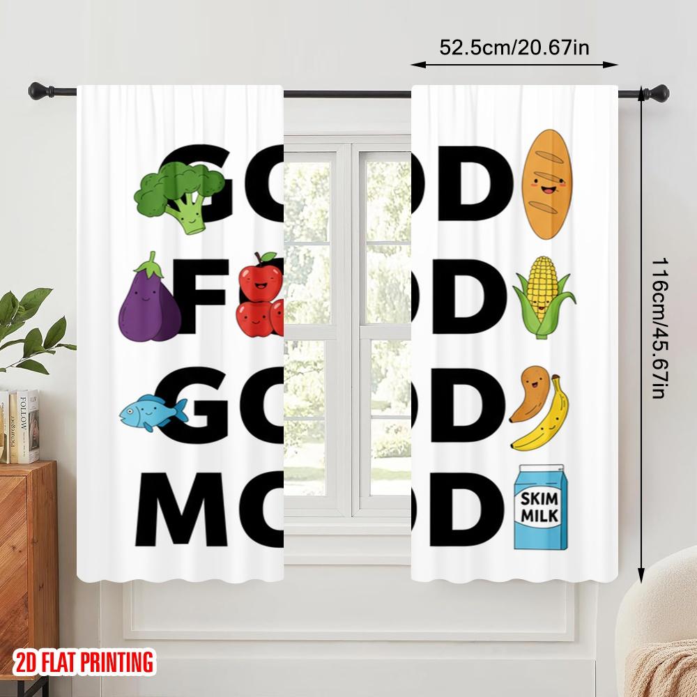 2pcs 2D Flat Printing Curtains Good Food Good Mood Polyester Without Electricity Party Decorations for Indoor Celebrations Room
