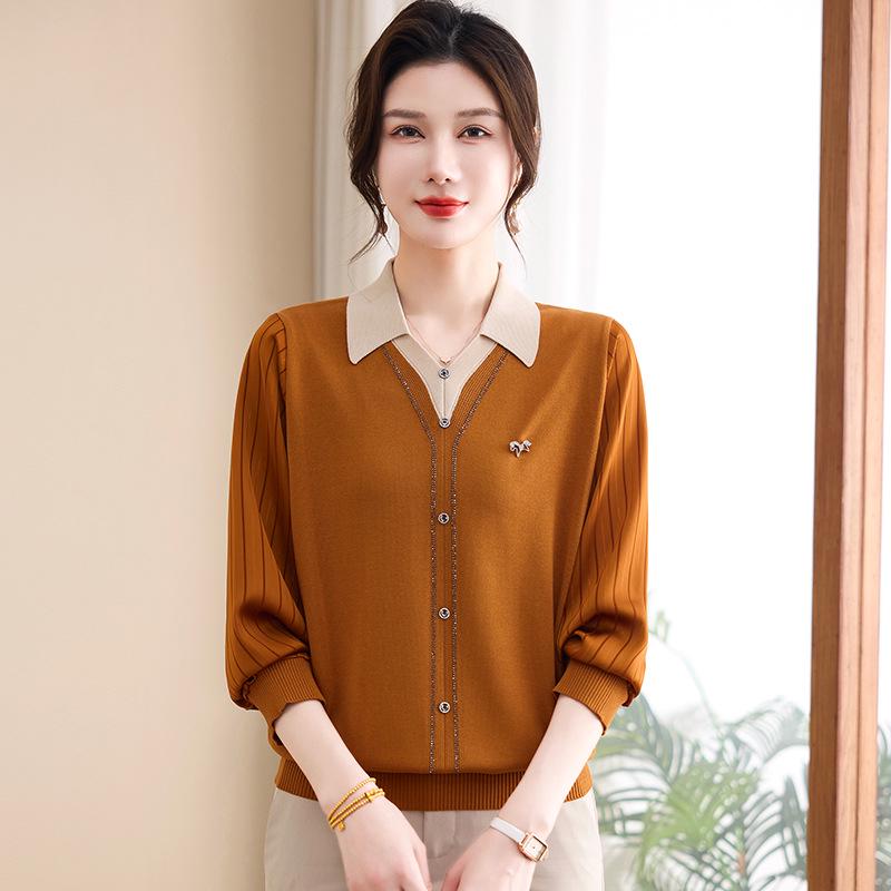 

Spring Lapel Chiffon Sleeve Blouse for Middle-Aged & Elderly Women M (85-105 jin) жёлтый/имбирный